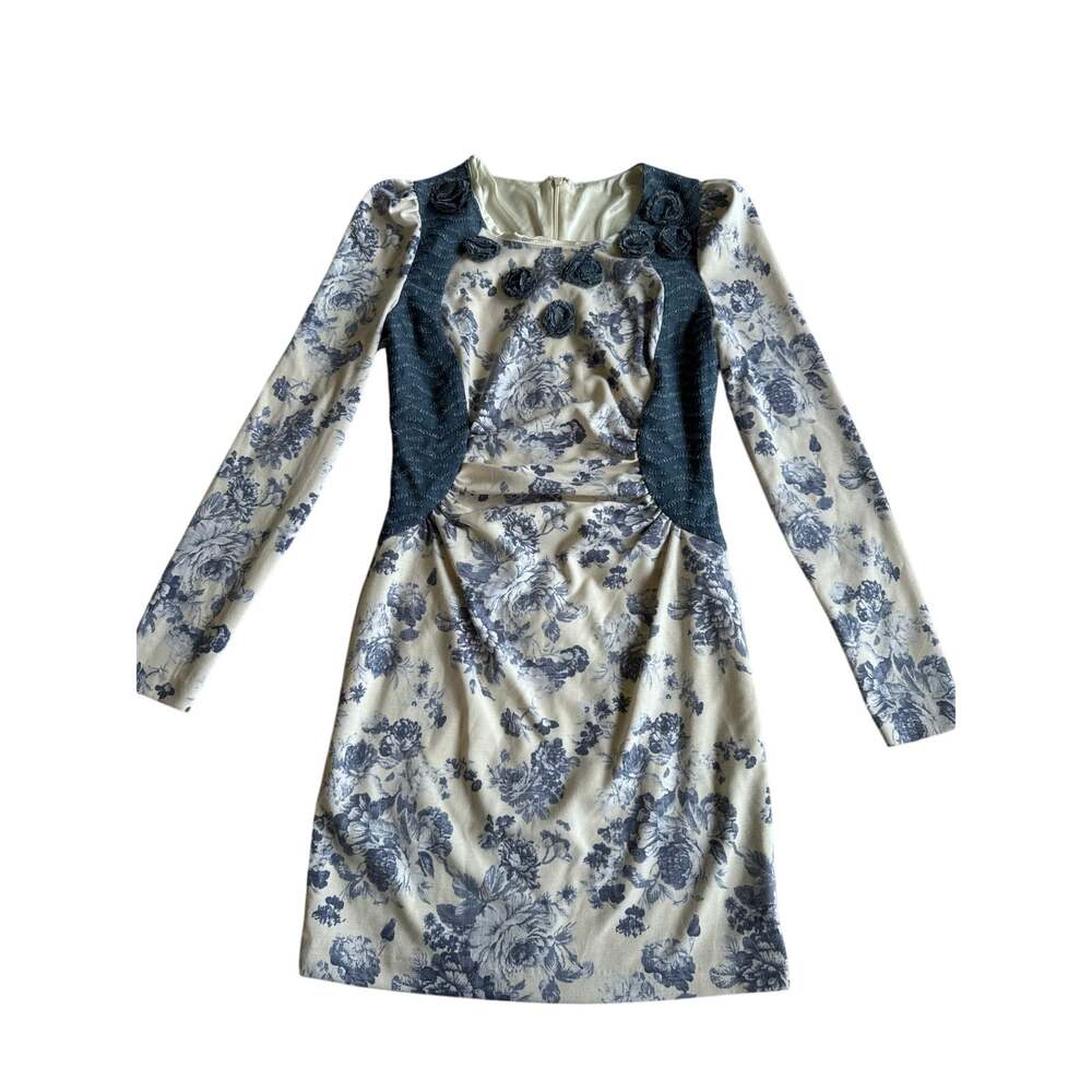 EGOIST Korean Designer Floral Dress Womens L Blue Ivory Rosette Long Sleeve